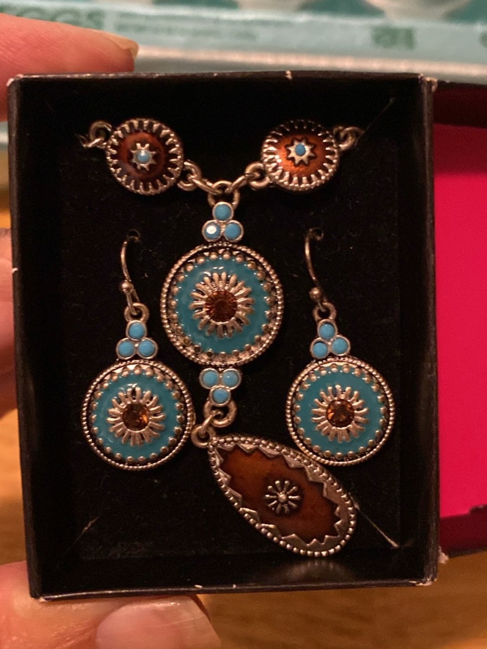 Avon Blue and Brown Enamel Sunburst Necklace and Earrings Set